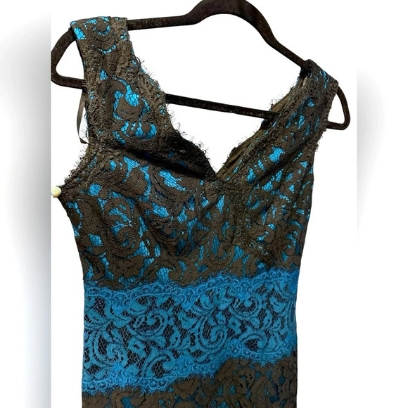 Tadashi Shoji Turquoise Blue Lace Overlay Sheath Dress Knee Length Size 4 - Picture 6 of 11